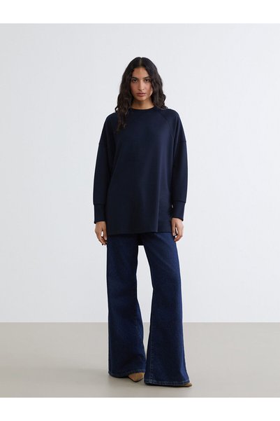 LC Waikiki Two Mt Shop Quality Lcw Modest Navy Blue Interlock Plain Oversize Women's Sweatshirt Tunic