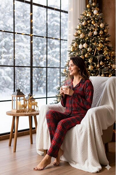 Sude HOMEWEAR Női piros kockás ing velúr pizsama szett