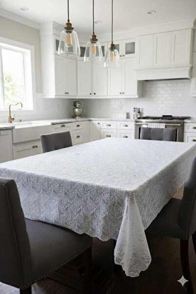 Rona Home Hasır Pvc Kaplamalı Silinebilir Masa Örtüsü Su Geçirmez Lüks Muşamba Sofra Bezi Dantel Desenli