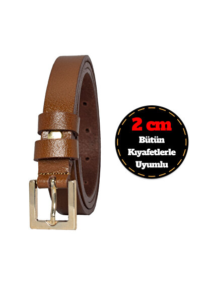 GoDeri 100% جلد طبيعي، إبزيم ملون رفيع 2 سم حزام نسائي بني فاتح؛ فستان، حزام بنطلون_مربع