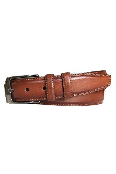 GoDeri Genuine Quality Leather, Tan Classic Fabric Trouser Belt with Stitched Edges 3.5 Cm=go-dk-kla