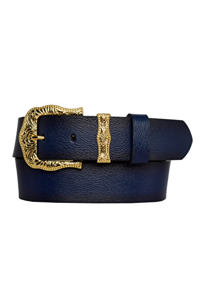 GoDeri 100% جلد طبيعي، طقم ذهبي بإبزيم 4 سم حزام نسائي أزرق داكن؛ جينز، حزام رياضي=an-byn-77