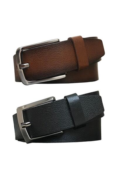 GoDeri حزام جلد طبيعي أسود وبني 4 سم - طقم من قطعتين 13-16