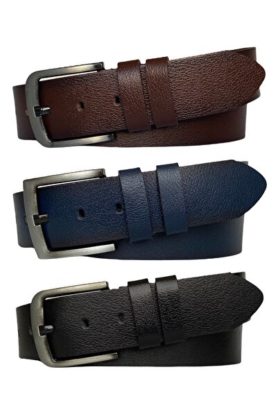 GoDeri طقم مكون من 3 قطع من الجلد الطبيعي 100% - أسود، أزرق داكن، بني، حزام رياضي من قماش الدنيم مقاس 4.5 سم