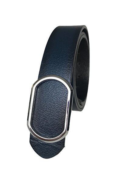 GoDeri Γνήσιο δέρμα Νέα τάση, καρφίτσα Οβάλ γυαλιστερή ασημί πόρπη, ανθεκτική μπλε ζώνη 4 cm=gotoka