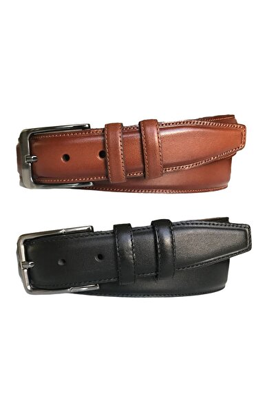 GoDeri Γνήσιο ποιοτικό δέρμα σετ 2, ραμμένη ζώνη παντελονιού από κλασικό ύφασμα. Μαύρο, μαύρισμα 3,5 cm=2li.kla