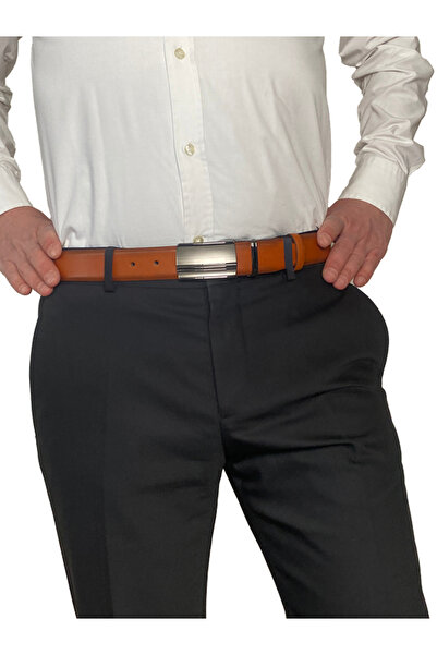 GoDeri 100% Genuine Leather, COVERED BUCKLE, Tan Classic, Fabric Trouser Belt 3.5 cm_alt_ciz_taba_straight