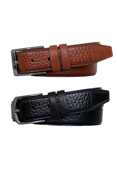 GoDeri مجموعة من الجلد الطبيعي عالي الجودة مكونة من قطعتين، حزام بنطلون كلاسيكي من القماش المُخيط؛ أسود، بني 3.5 سم = أريزون