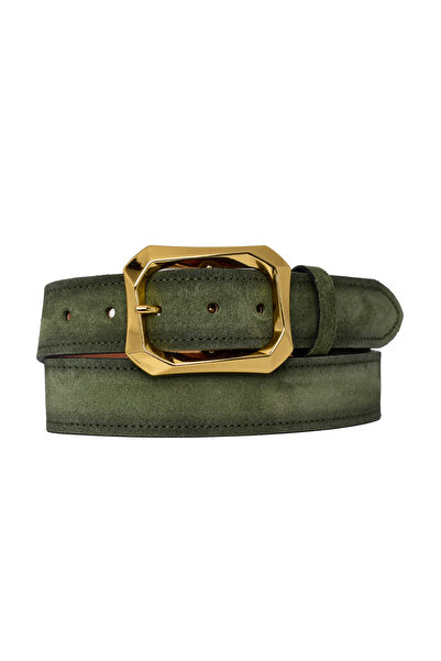 GoDeri 100% Real Leather, 4 cm Green Open Women's Belt with Gold Buckle