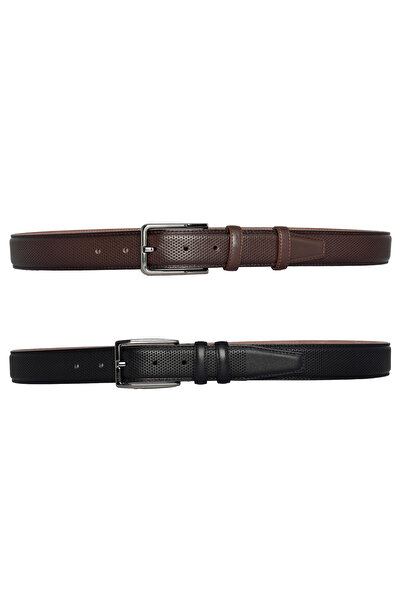 GoDeri 100% Γνήσιο Δέρμα, Σετ 2 Μαύρο, Σκούρο Καφέ Ραμμένο με Ύφασμα ΠαντελόνιΖώνη 3,5 cm με κουκκίδες