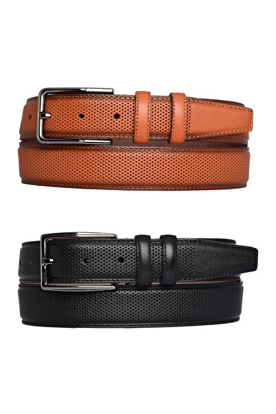 GoDeri 100% جلد طبيعي، طقم مكون من قطعتين أسود، بنطال قماشي مطبوع عليه نقاط مخيطة بلون أسمر فاتححزام 3.5 سم منقط