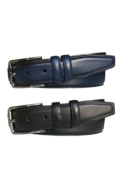 GoDeri مجموعة من الجلد الطبيعي عالي الجودة مكونة من قطعتين، حزام بنطلون كلاسيكي من القماش المُخيط؛ أسود، أزرق داكن 3.5 سم = 2 قطعة
