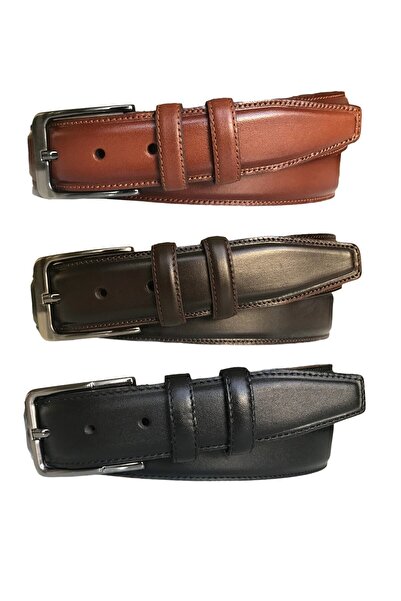 GoDeri طقم من 3 قطع من الجلد الطبيعي - أسود، بني، أسمر 3.5 سم = بنطال بحزام 3 قطع