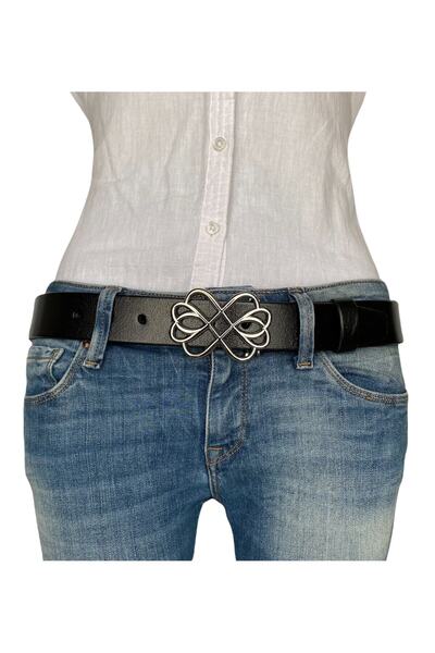 GoDeri 100% piele naturală, blugi negri de damă cu cataramă argintie, centură sport 4 cm=an-byn-56