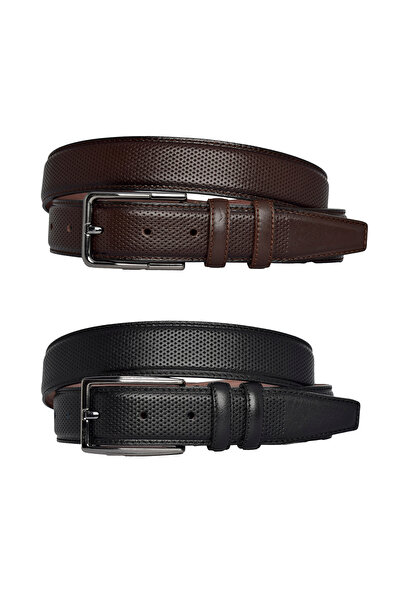 GoDeri 100% Γνήσιο Δέρμα, Σετ 2 Μαύρο, Σκούρο Καφέ Ραμμένο με Ύφασμα ΠαντελόνιΖώνη 3,5 cm με κουκκίδες