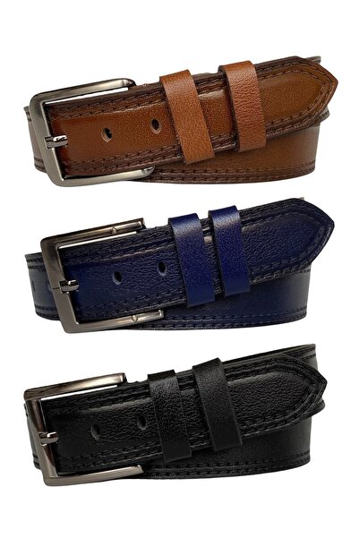 GoDeri طقم فاخر من الجلد الطبيعي منقوش مكون من 3 قطع أسود بني كحلي جينز رياضي حزام 4.5 سم = 3 قطع-pre-pair.dkş