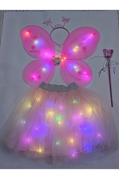 Beryka LED Işıklı Kelebekli Çocuk Kostümü - 4 Parça PEMBE