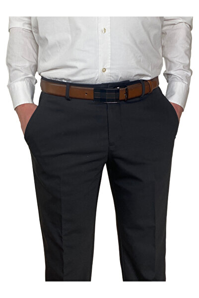 GoDeri Genuine Leather Clamshell Buckle Brown Classic Fabric Trouser Belt 3.5 Cm_black2_tosado_straight