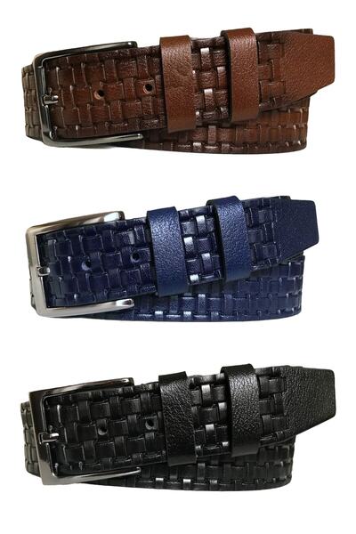 GoDeri حزام من الجلد الطبيعي باللون الأسود والأزرق الداكن والبني - مجموعة من 3 قطع 4 سم = 3 قطع