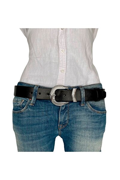 GoDeri Μαύρη γυναικεία τζιν ζώνη - 100% γνήσιο δέρμα, ασημένια πόρπη, μεταλλική γέφυρα, 4 cm = an-byn-63