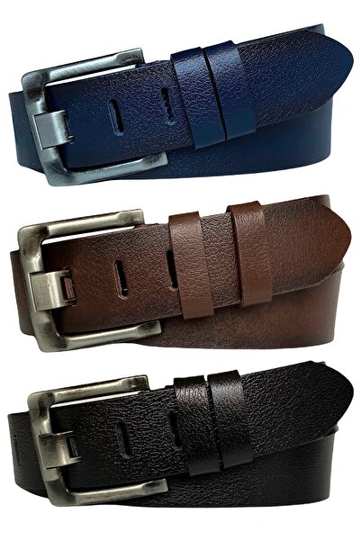 GoDeri طقم جلد طبيعي 100% مكون من 3 قطع واسعة اللون أسود، أزرق داكن، بني 4.5 سم جينز، حزام = 3 قطع واسعة قديمة