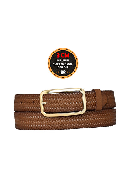 GoDeri 100% Genuine Leather, Brown Patterned 3 cm Women's Belt with Gold Colo...