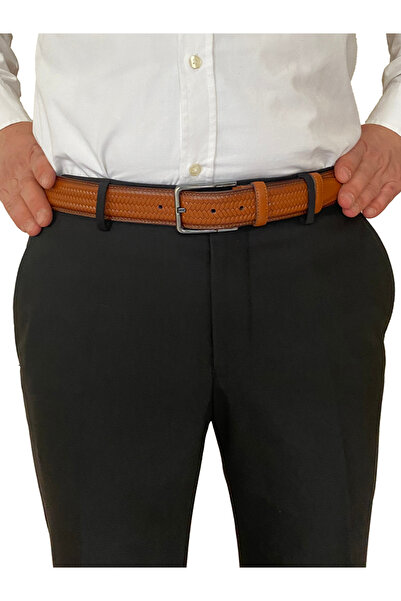 GoDeri Відкритий пояс кольоровий, 100% натуральна шкіра - тканина з плетеним принтом, 3,5 см шов, ремінь для брюк