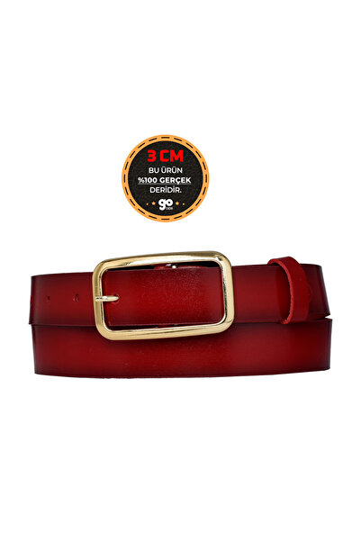 GoDeri 100% جلد طبيعي، إبزيم ذهبي اللون أحمر 3 سم حزام نسائي، حزام بنطلون، حزام شورت 3cmkdn50