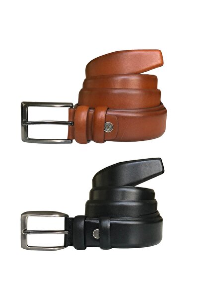 GoDeri مجموعة من الجلد الطبيعي عالي الجودة مكونة من قطعتين حزام بنطلون قماش كلاسيكي؛ أسود، أسمر 3.5 سم = 2 قطعة