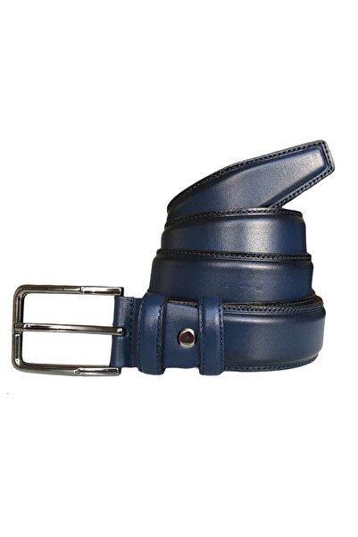 GoDeri Navy Blue Genuine Leather Classic Fabric Trouser Belt - Stitched Edges, 3.5 Cm=go-dk-kla