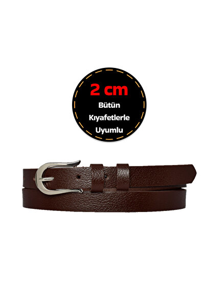 GoDeri 100% естествена кожа, тънък дамски колан със сребърна катарама, 2 см, тъмнокафяв; Рокля, Колан за панталон_atnl