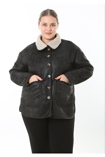 Butik Nilyam Women's Plus Size Button Detailed Nubuck Coat with Lamb Plush Inside and Pockets 25031