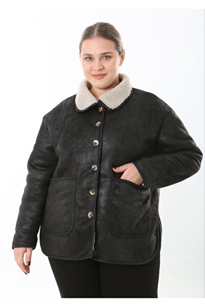 Butik Nilyam Women's Plus Size Button Detailed Inside Lamb Plush Pocket Nubuck Cardigan Jacket 25052