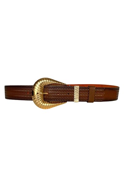 GoDeri 100% Genuine Leather, Brown Women's Jeans Belt with Large Gold Buckle and Metal Bridge 4 Cm=an-byn-65