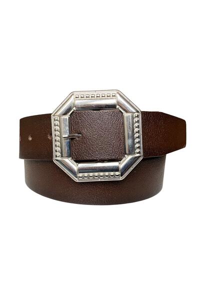 GoDeri 100% натуральна шкіра, темно-коричневий жіночий ремінь з срібною пряжкою 4 см = квадрат-срібло