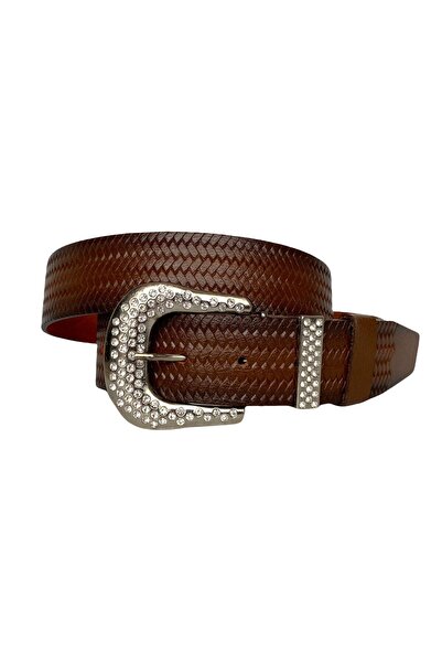 GoDeri 100% Genuine Leather, Silver Jewelled Buckle, Metal Jewelled Bridge Brown Women's Jeans Belt 4 Cm=an-byn-66