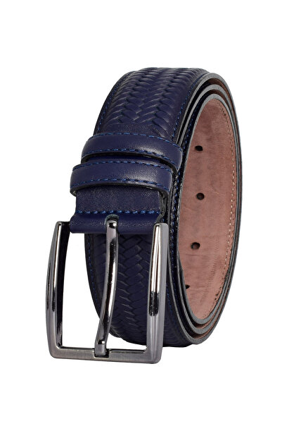 GoDeri 100% Γνήσιο Δέρμα, Πλεκτό Εκτυπωμένο Μπλε Ναυτικό Ραμμένο Κλασικό, Υφασμάτινη Ζώνη Παντελονιού 3,5 cm_Ραμμένο.Πλεκτό