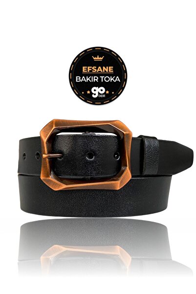 GoDeri 100% جلد طبيعي، إبزيم نحاسي أسطوري، حزام جينز نسائي أسود 4 سم = 08 نحاس