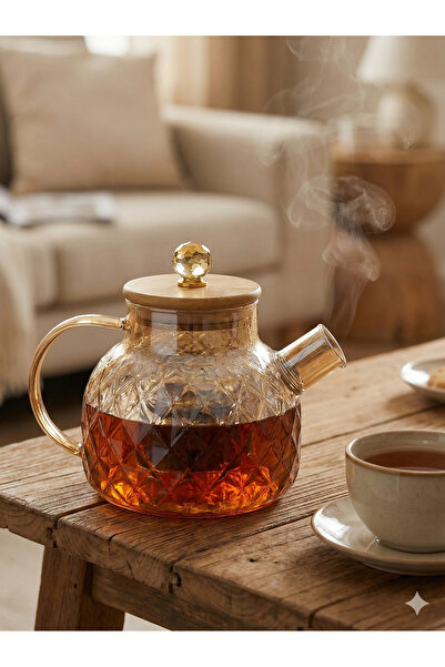 ALLEGRI إبريق شاي مقاوم للحرارة بلون ذهبي - مع غطاء من الخيزران ومقبض كريستال...