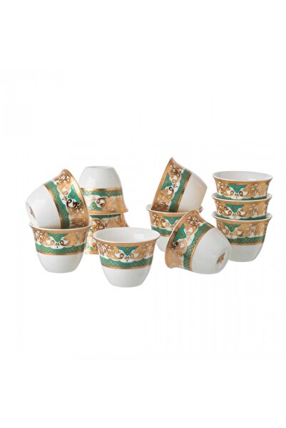 HIC Porcelain Saudi Coffee Cups Set of 12 Piece Green With Gold
