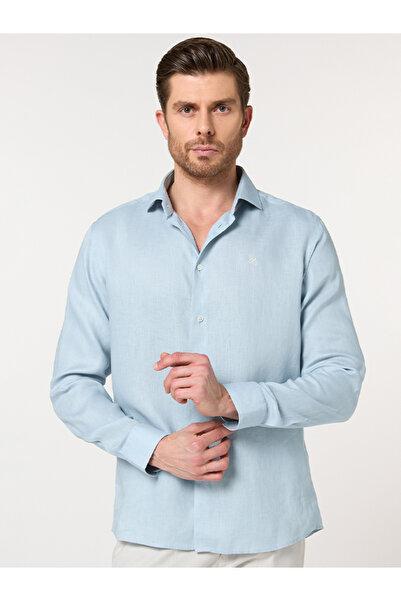 Mannerism The Ocean Mist Sea Blue Easy Care Linen Shirt with Fresh Texture