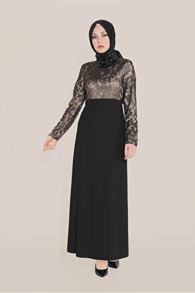 TRENDTESETTÜR KADIN SİYAH YAKASI ÇİÇEK BROŞLU DESENLİ ELBİSE T 40598-1