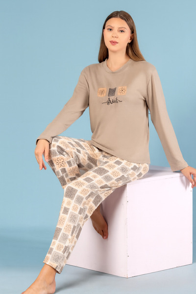 PİJAHOME Milky Coffee Soft Thermal Women's Pajama Set – Patterned Comfortable...