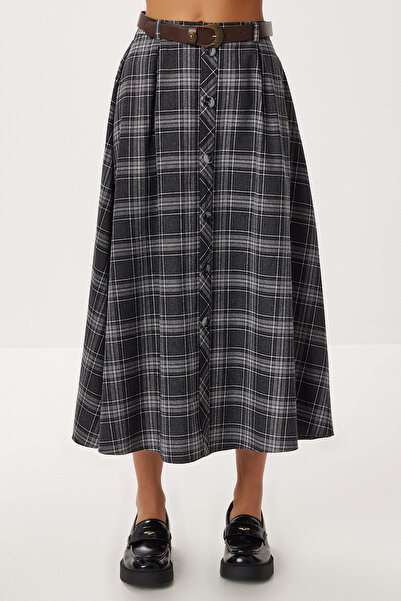 Lovelyİstanbul Fusta midi cu curea în carouri din poliviskon LRG0047