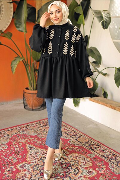 TRENDTESETTÜR ΓΥΝΑΙΚΕΙΟ ΠΟΥΚΑΜΙΣΟ ΜΑΥΡΟ ΦΥΛΛΑ ΤΟΥΝΙΚ Τ 6302