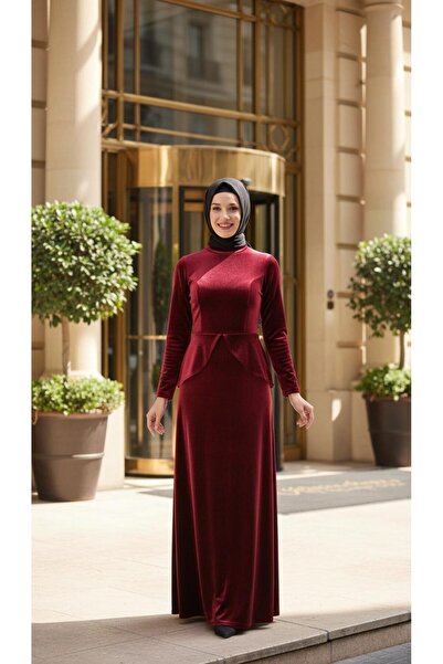 Nidya Moda Kadın Bordo Peplumlu Abiye Elbise 4044b