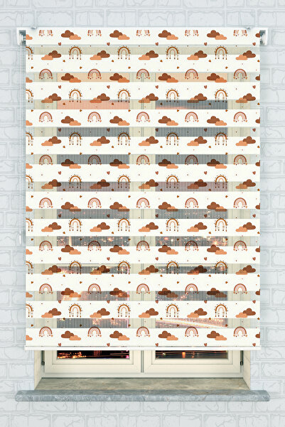 akel collection Vintage Gökkuşağı ve Bulut Desenli Baskılı Zebra Stor Perde -...