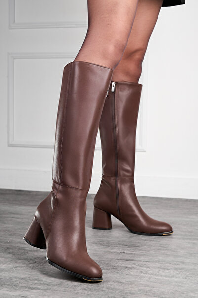 İmerShoes Щоденні жіночі шкіряні високі черевики на товстому каблуці з блискавкою нижче коліна 3001