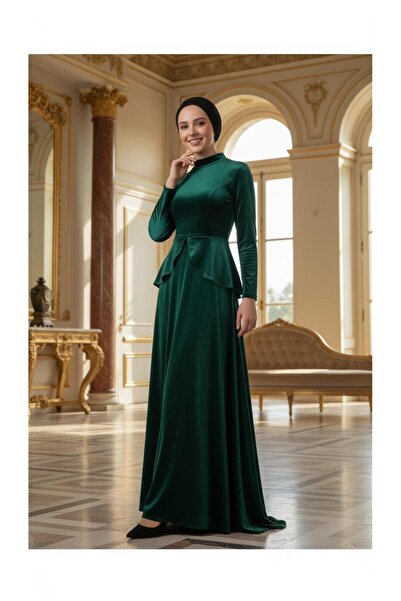 Nidya Moda Kadın Tesettür Yeşil Peplumlu Abiye Elbise