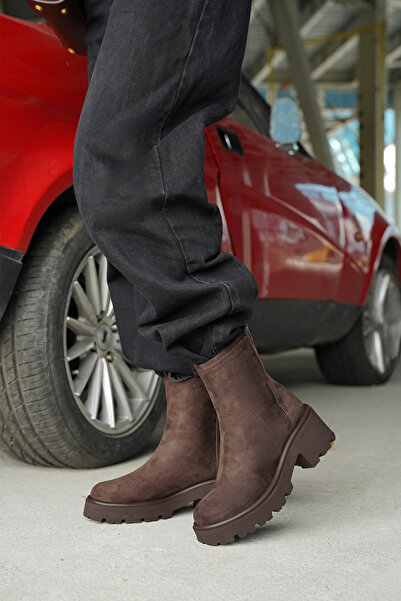 Marjin Γυναικείες μπότες με φερμουάρ στην πλάτη με χοντρό τακούνι Bitter Brown Daily Boots Lofani Brown Suede